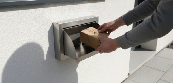Buzón de acero inoxidable moderno para recibir paquetes pequeños con seguridad y estilo