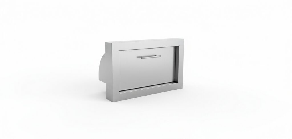 Cajón de acero inoxidable para cocina exterior, resistente y moderno, ideal para almacenamiento organizado.