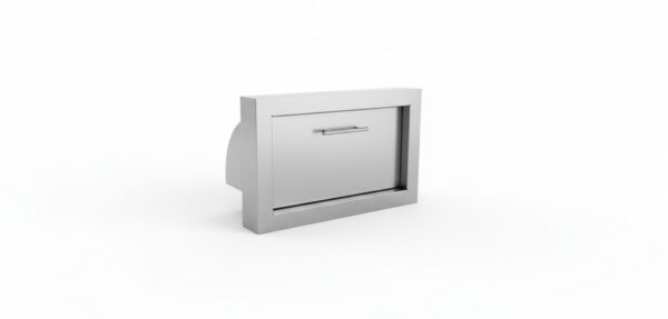 Cajón de acero inoxidable para cocina exterior, resistente y moderno, ideal para almacenamiento organizado.