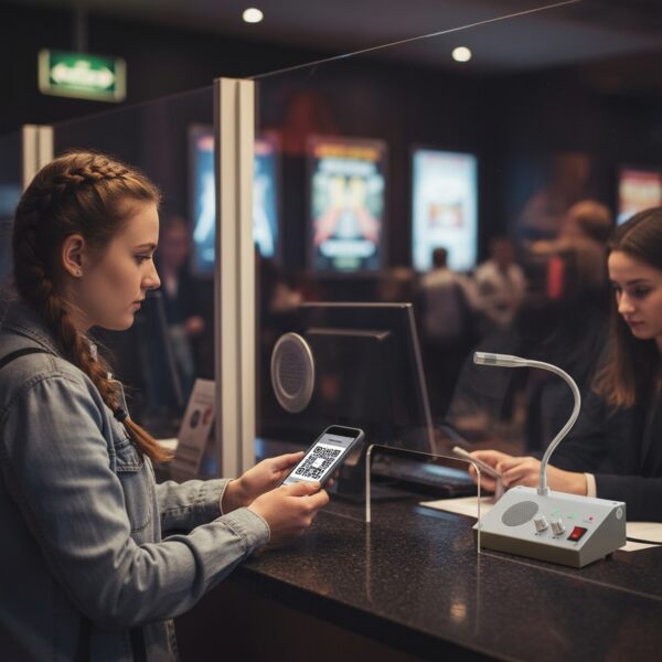 Taquilla de cine moderna con cliente usando smartphone y cartelera iluminada al fondo