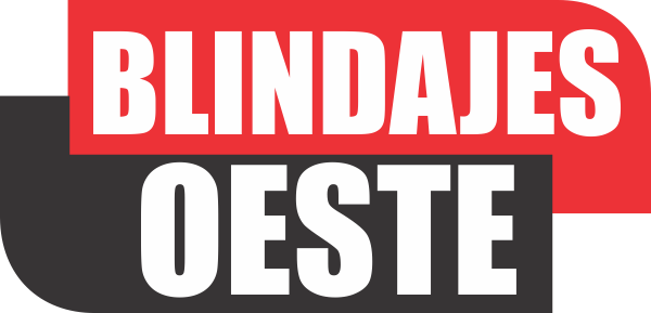 Logo tipográfico Blindajes Oeste en rojo, negro y blanco, imagen minimalista de seguridad profesional
