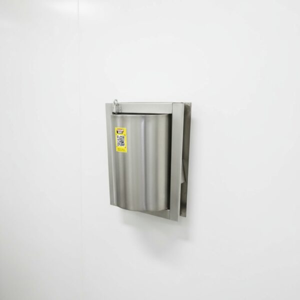 Papelera de acero inoxidable de pared para uso industrial y comercial, higiénica y resistente.