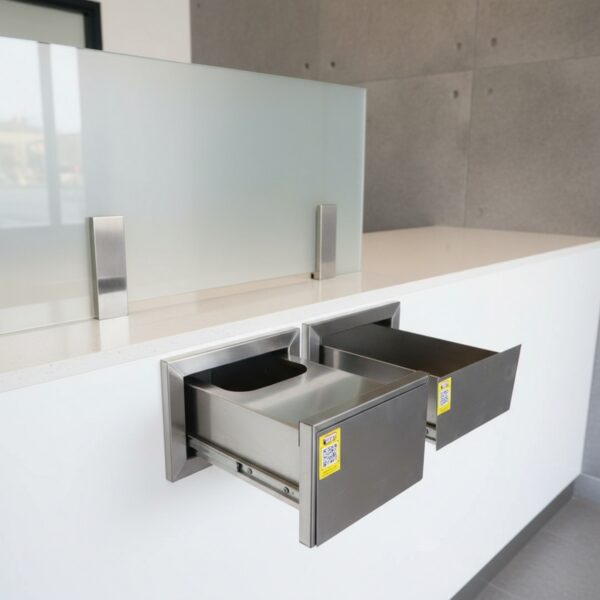 Mostrador de recepción moderno en blanco con acero inoxidable y cristal esmerilado elegante