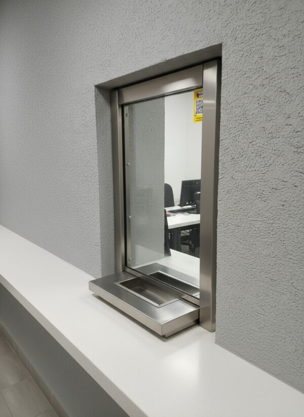 Ventana de servicio de acero inoxidable para oficina moderna, segura y funcional.
